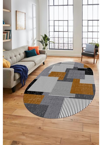 Baskılı Kaymaz Yıkanabilir Oval Koridor Halısı Mutfak Halısı Salon Halısı O-Modern-47-Kahve