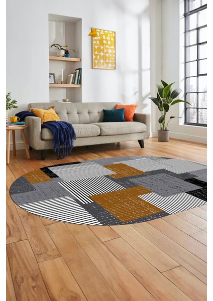 Baskılı Kaymaz Yıkanabilir Oval Koridor Halısı Mutfak Halısı Salon Halısı O-Modern-47-Kahve