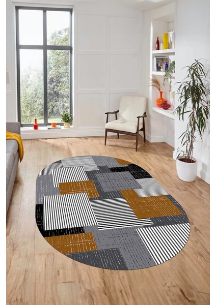 Baskılı Kaymaz Yıkanabilir Oval Koridor Halısı Mutfak Halısı Salon Halısı O-Modern-47-Kahve