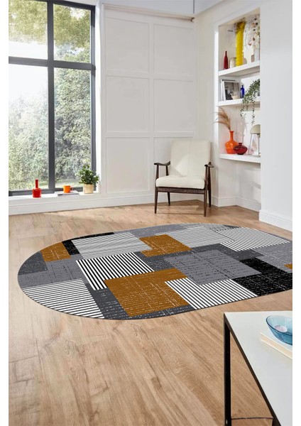 Baskılı Kaymaz Yıkanabilir Oval Koridor Halısı Mutfak Halısı Salon Halısı O-Modern-47-Kahve
