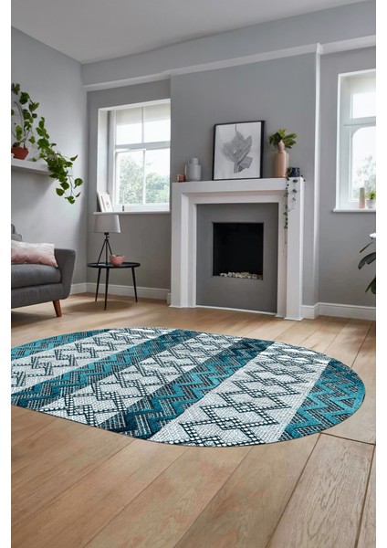 Baskılı Kaymaz Yıkanabilir Şık Oval Koridor Halısı Mutfak Halısı Salon Halısı O-Modern-56-Mavi