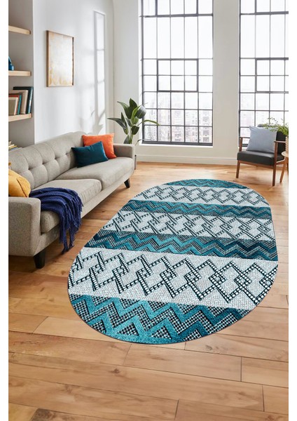 Baskılı Kaymaz Yıkanabilir Şık Oval Koridor Halısı Mutfak Halısı Salon Halısı O-Modern-56-Mavi fiyatları