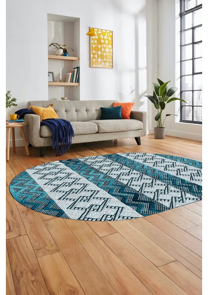 Baskılı Kaymaz Yıkanabilir Şık Oval Koridor Halısı Mutfak Halısı Salon Halısı O-Modern-56-Mavi modelleri