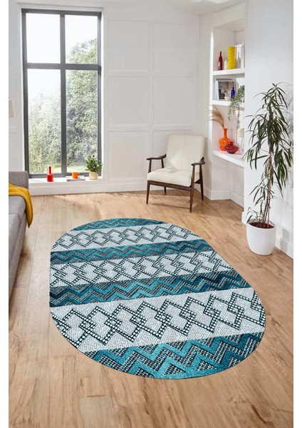 Baskılı Kaymaz Yıkanabilir Şık Oval Koridor Halısı Mutfak Halısı Salon Halısı O-Modern-56-Mavi fırsatları