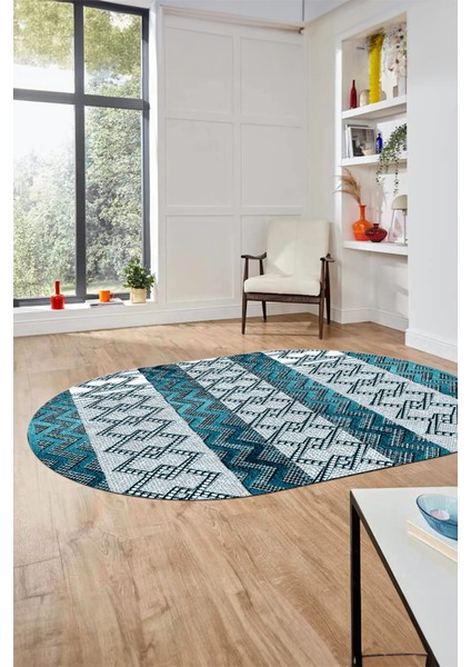 Baskılı Kaymaz Yıkanabilir Şık Oval Koridor Halısı Mutfak Halısı Salon Halısı O-Modern-56-Mavi indirimleri