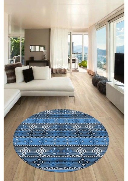 Modern Etnik Desenli Dijital Kaymaz Yıkanabilir Yuvarlak Mutfak Salon Halısı Y-Modern-19-Mavi