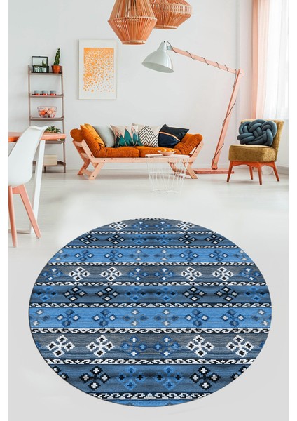 Modern Etnik Desenli Dijital Kaymaz Yıkanabilir Yuvarlak Mutfak Salon Halısı Y-Modern-19-Mavi