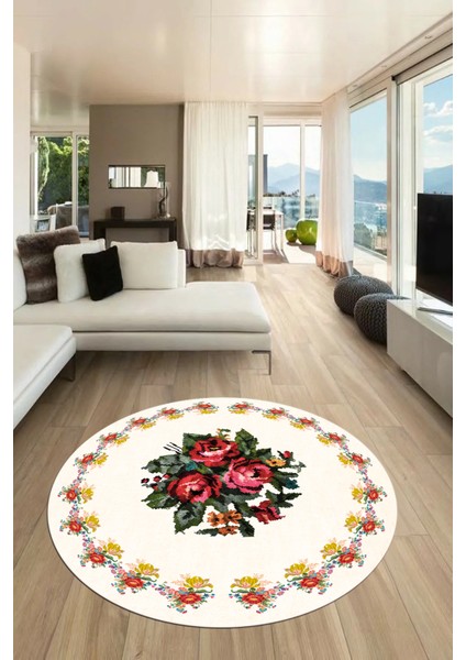 Modern Çiçek Desenli Dijital Kaymaz Yıkanabilir Yuvarlak Mutfak Salon Halısı Y-Modern-20-Krem