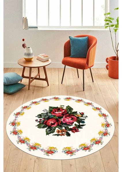 Modern Çiçek Desenli Dijital Kaymaz Yıkanabilir Yuvarlak Mutfak Salon Halısı Y-Modern-20-Krem