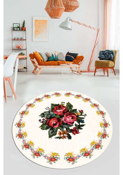 Modern Çiçek Desenli Dijital Kaymaz Yıkanabilir Yuvarlak Mutfak Salon Halısı Y-Modern-20-Krem