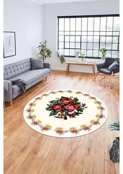 Modern Çiçek Desenli Dijital Kaymaz Yıkanabilir Yuvarlak Mutfak Salon Halısı Y-Modern-20-Krem