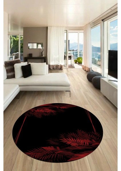 Modern Yaprak Desen Dijital Kaymaz Yıkanabilir Yuvarlak Mutfak Salon Halısı Y-Modern-26-Bordo
