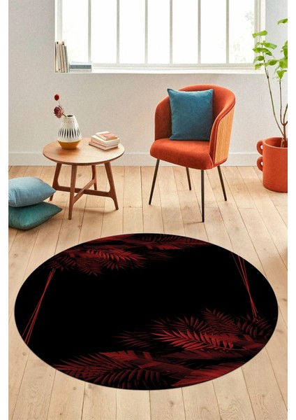 Modern Yaprak Desen Dijital Kaymaz Yıkanabilir Yuvarlak Mutfak Salon Halısı Y-Modern-26-Bordo