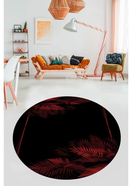 Modern Yaprak Desen Dijital Kaymaz Yıkanabilir Yuvarlak Mutfak Salon Halısı Y-Modern-26-Bordo