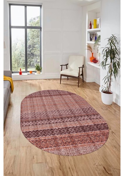 Baskılı Kaymaz Yıkanabilir Şık Kilim Desen Oval Yolluk Halısı Salon Halısı O-Modern-70-Bordo modelleri