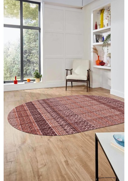 Baskılı Kaymaz Yıkanabilir Şık Kilim Desen Oval Yolluk Halısı Salon Halısı O-Modern-70-Bordo fırsatları
