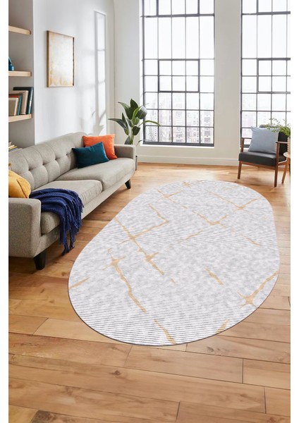 Şık Sade Modern Desenli Dijital Kaymaz Yıkanabilir Oval Yolluk Salon Halısı O-Modern-72-Krem