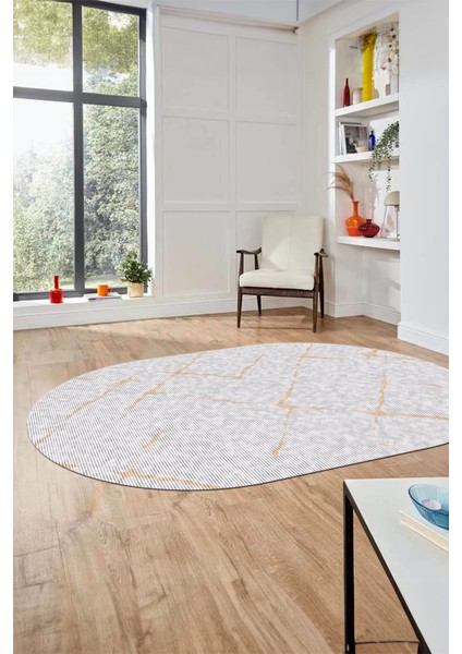 Şık Sade Modern Desenli Dijital Kaymaz Yıkanabilir Oval Yolluk Salon Halısı O-Modern-72-Krem