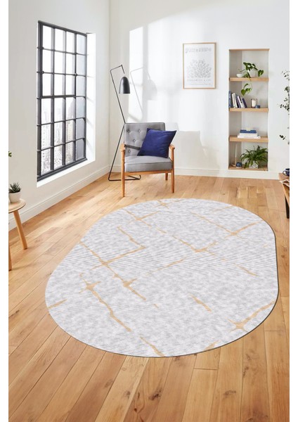 Şık Sade Modern Desenli Dijital Kaymaz Yıkanabilir Oval Yolluk Salon Halısı O-Modern-72-Krem
