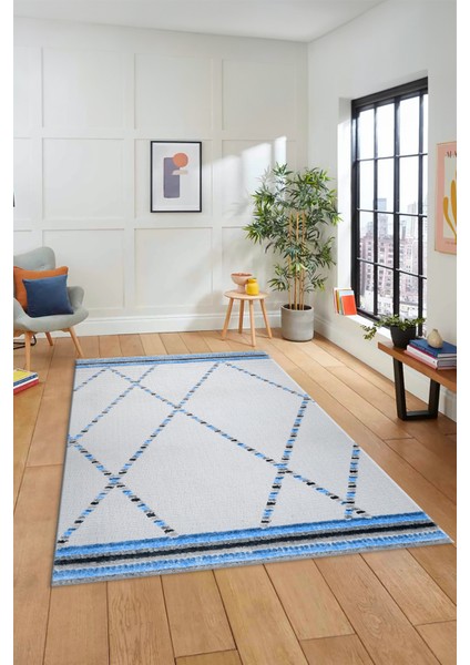 Renkli Modern Kilim Desenli Dijital Kaymaz Yıkanabilir Yolluk Mutfak Salon Halısı Modern-76-Mavi