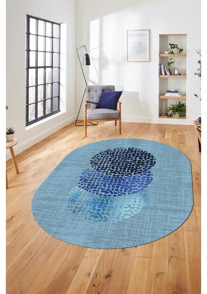 Baskılı Kaymaz Taban Yıkanabilir Modern Yolluk Mutfak Oval Salon Halısı O-Modern-01-Mavi