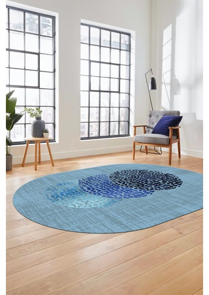 Baskılı Kaymaz Taban Yıkanabilir Modern Yolluk Mutfak Oval Salon Halısı O-Modern-01-Mavi fiyatları