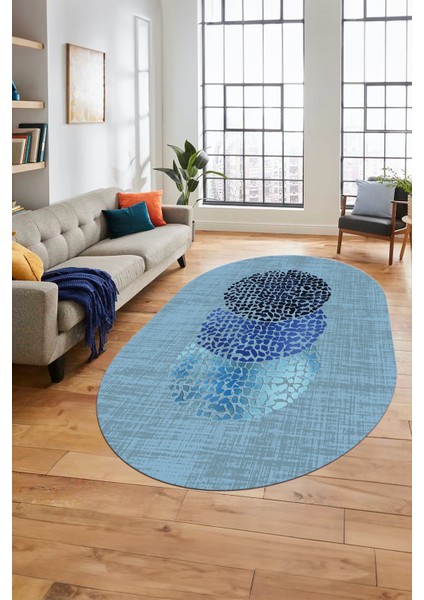 Baskılı Kaymaz Taban Yıkanabilir Modern Yolluk Mutfak Oval Salon Halısı O-Modern-01-Mavi indirimleri