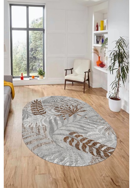 Baskılı Kaymaz Taban Yıkanabilir Yapraklı Oval Yolluk Mutfak Salon Halısı O-Modern-95-Kahve