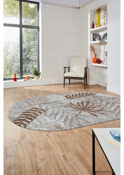 Baskılı Kaymaz Taban Yıkanabilir Yapraklı Oval Yolluk Mutfak Salon Halısı O-Modern-95-Kahve fiyatları