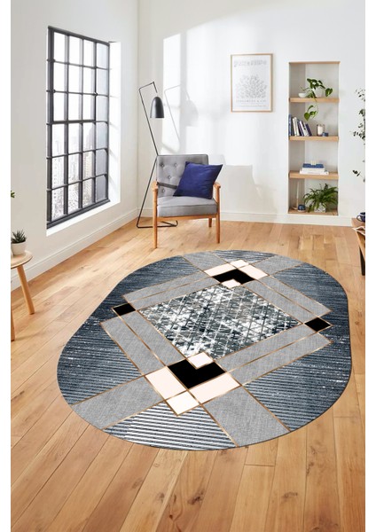 Şık Modern Desenli Dijital Kaymaz Yıkanabilir Oval Yolluk Mutfak Salon Halısı O-Modern-12-Mavi