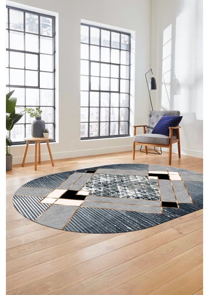 Şık Modern Desenli Dijital Kaymaz Yıkanabilir Oval Yolluk Mutfak Salon Halısı O-Modern-12-Mavi fiyatları