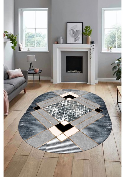 Şık Modern Desenli Dijital Kaymaz Yıkanabilir Oval Yolluk Mutfak Salon Halısı O-Modern-12-Mavi modelleri