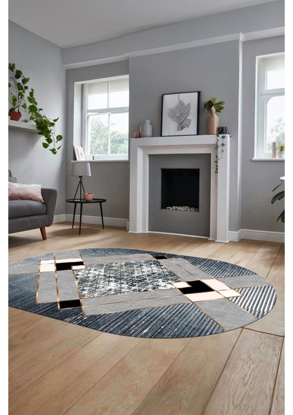 Şık Modern Desenli Dijital Kaymaz Yıkanabilir Oval Yolluk Mutfak Salon Halısı O-Modern-12-Mavi fırsatları