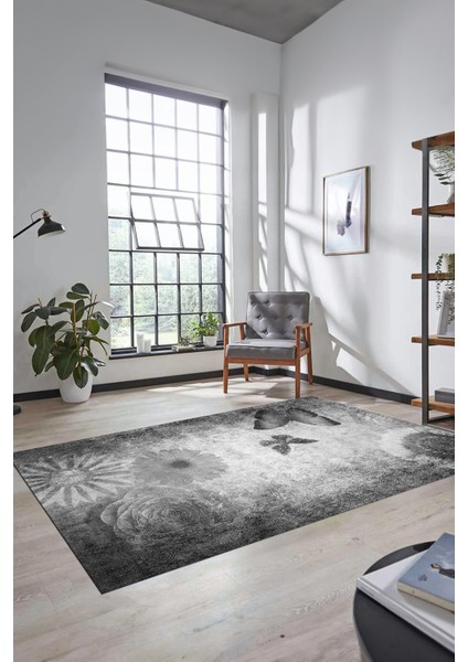 Baskılı Kaymaz Taban Yıkanabilir Modern Yolluk Mutfak Salon Halısı MODERN-109-GRİ