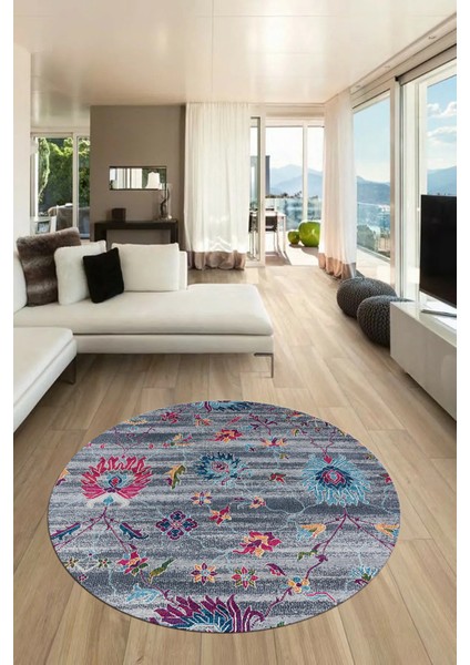 Modern Etnik Desen Dijital Kaymaz Yıkanabilir Yuvarlak Mutfak Salon Halısı Y-Modern-30-Renkli