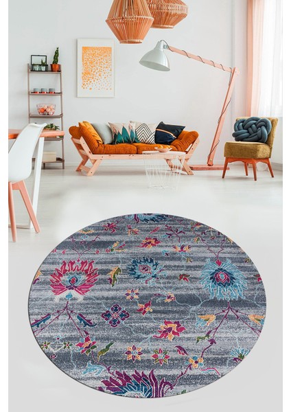 Modern Etnik Desen Dijital Kaymaz Yıkanabilir Yuvarlak Mutfak Salon Halısı Y-Modern-30-Renkli