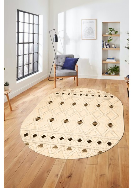 Baskılı Kaymaz Yıkanabilir Şık Kilim Desen Oval Yolluk Halısı Salon Halısı O-Modern-65-Krem indirimleri