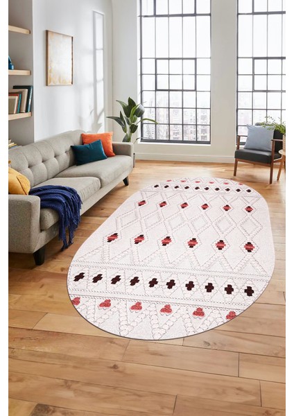 Baskılı Kaymaz Yıkanabilir Şık Kilim Desen Oval Yolluk Halısı Salon Halısı O-Modern-65-Pembe