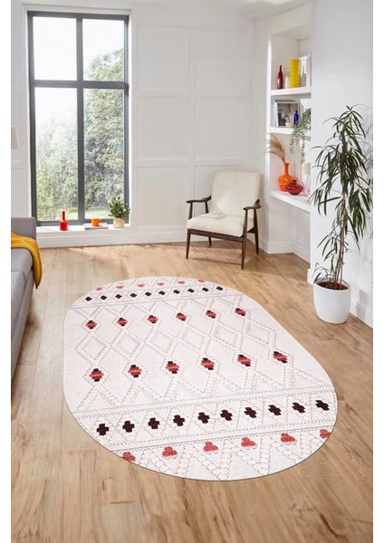 Baskılı Kaymaz Yıkanabilir Şık Kilim Desen Oval Yolluk Halısı Salon Halısı O-Modern-65-Pembe modelleri