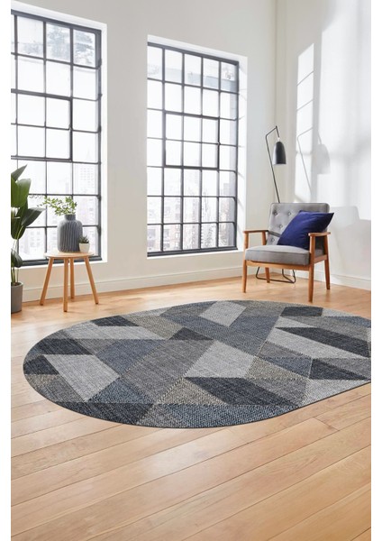 Baskılı Kaymaz Taban Yıkanabilir Modern Şık Oval Yolluk Mutfak Salon Halısı O-Modern-96-Mavi fırsatları