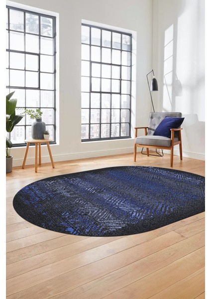 Sade Modern Desen Dijital Kaymaz Yıkanabilir Oval Yolluk Mutfak Salon Halısı O-Modern-28-Mavi