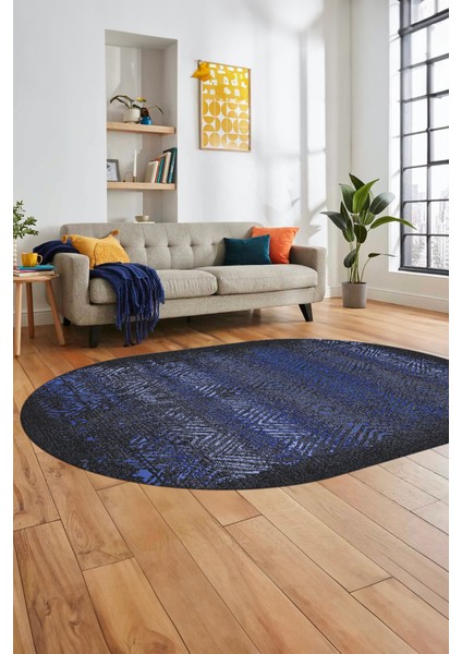 Sade Modern Desen Dijital Kaymaz Yıkanabilir Oval Yolluk Mutfak Salon Halısı O-Modern-28-Mavi indirimleri