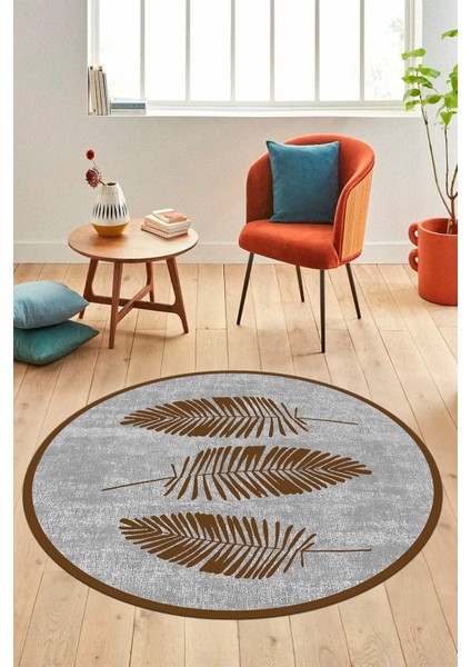 Baskılı Kaymaz Yıkanabilir Modern Yaprak Desen Yuvarlak Mutfak Salon Halısı Y-Modern-41-Kahve