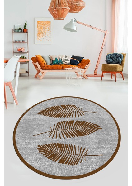 Baskılı Kaymaz Yıkanabilir Modern Yaprak Desen Yuvarlak Mutfak Salon Halısı Y-Modern-41-Kahve fiyatları