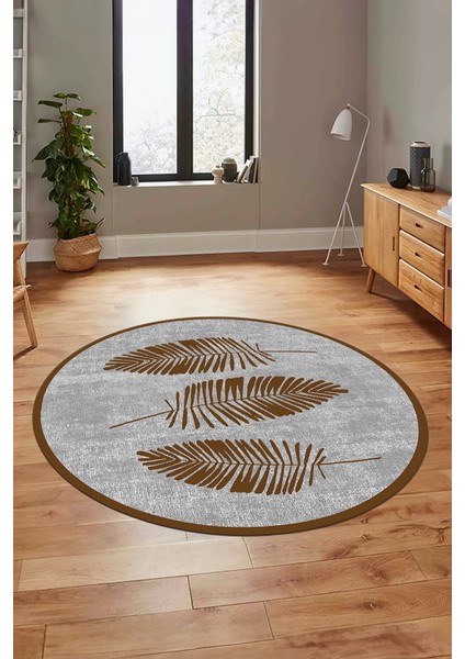 Baskılı Kaymaz Yıkanabilir Modern Yaprak Desen Yuvarlak Mutfak Salon Halısı Y-Modern-41-Kahve indirimleri