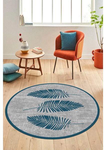 Baskılı Kaymaz Yıkanabilir Modern Yaprak Desen Yuvarlak Mutfak Salon Halısı Y-Modern-41-Mavi