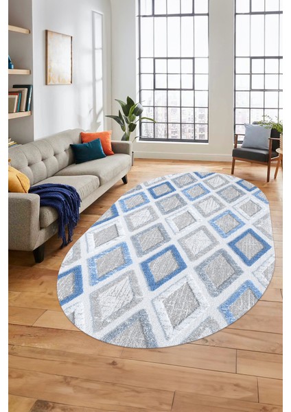 Baskılı Kaymaz Yıkanabilir Baklava Desen Oval Yolluk Halısı Salon Halısı O-Modern-66-Mavi