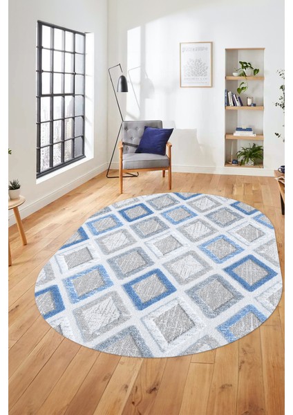 Baskılı Kaymaz Yıkanabilir Baklava Desen Oval Yolluk Halısı Salon Halısı O-Modern-66-Mavi indirimleri