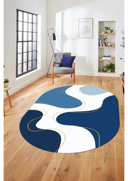 Baskılı Kaymaz Taban Yıkanabilir Modern Oval Yolluk Mutfak Salon Halısı O-MODERN-120-MAVİ fiyatları