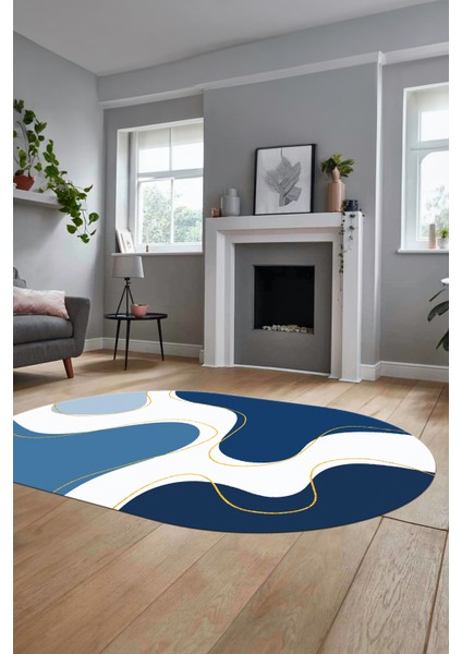 Baskılı Kaymaz Taban Yıkanabilir Modern Oval Yolluk Mutfak Salon Halısı O-MODERN-120-MAVİ indirimleri